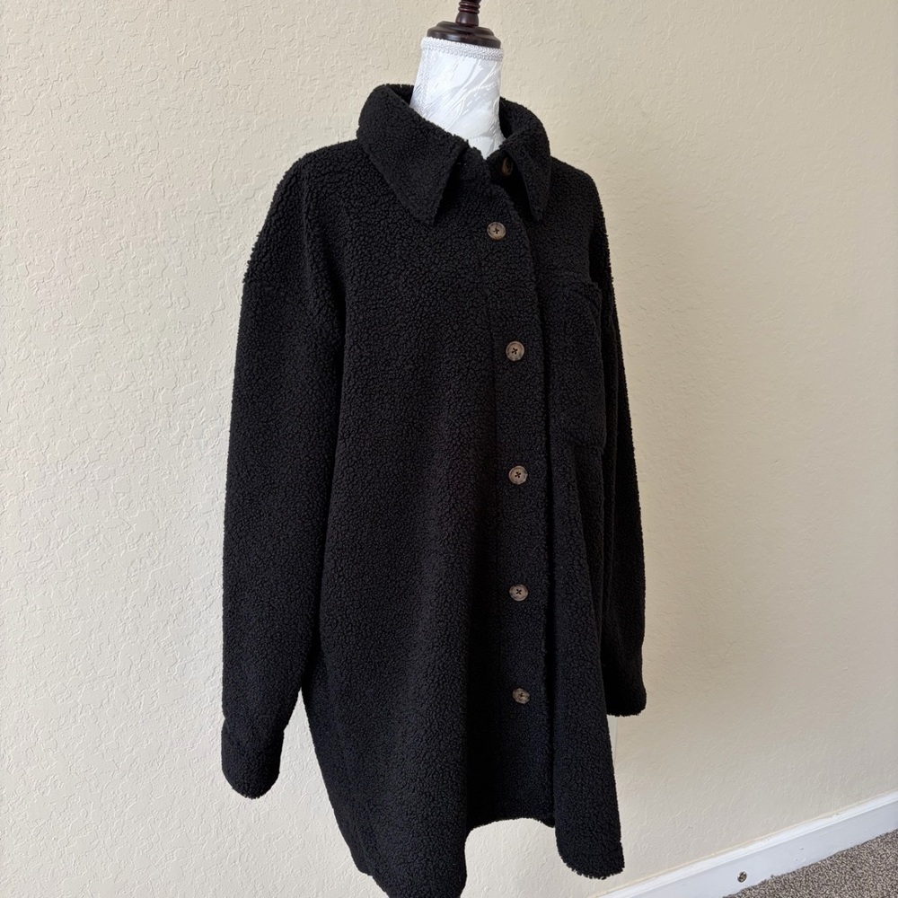 NWT‎ Lucky Brand Black Teddy Shacket Faux Shearling Jacket L Cozy Minimalist